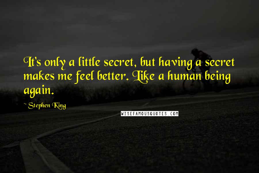 Stephen King Quotes: It's only a little secret, but having a secret makes me feel better. Like a human being again.