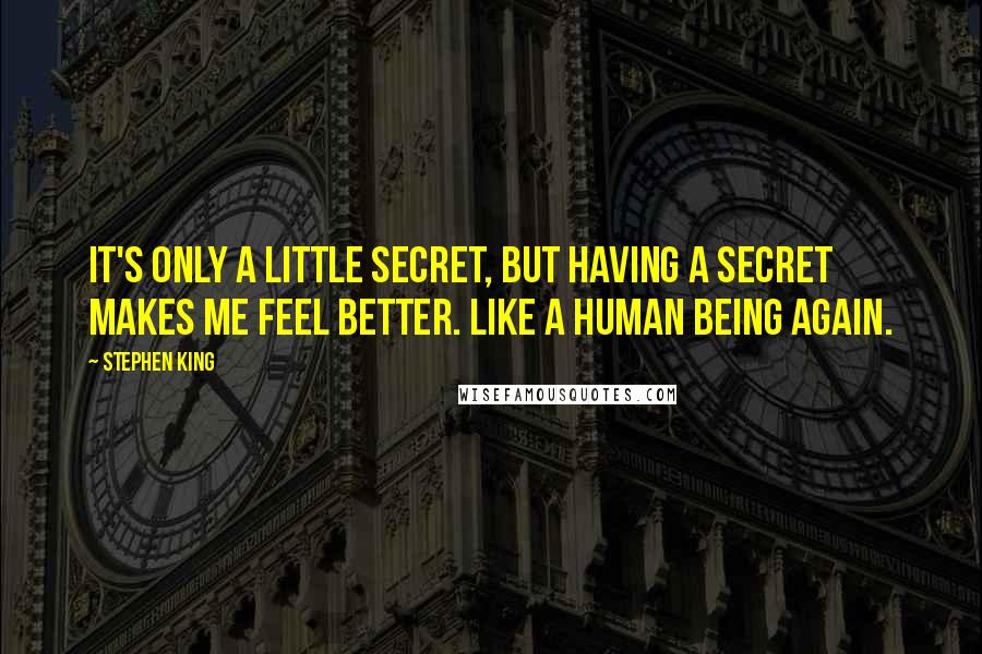 Stephen King Quotes: It's only a little secret, but having a secret makes me feel better. Like a human being again.