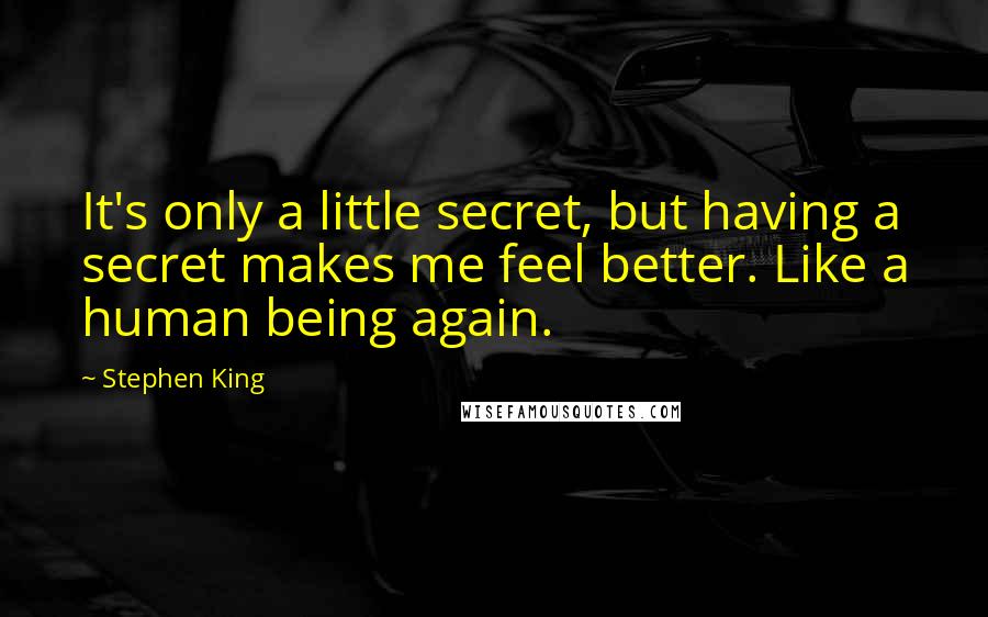 Stephen King Quotes: It's only a little secret, but having a secret makes me feel better. Like a human being again.