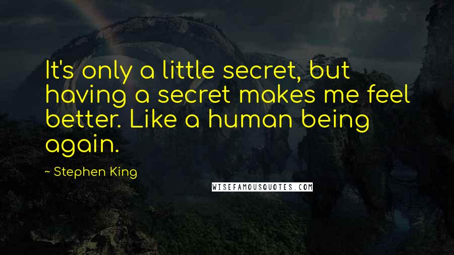 Stephen King Quotes: It's only a little secret, but having a secret makes me feel better. Like a human being again.