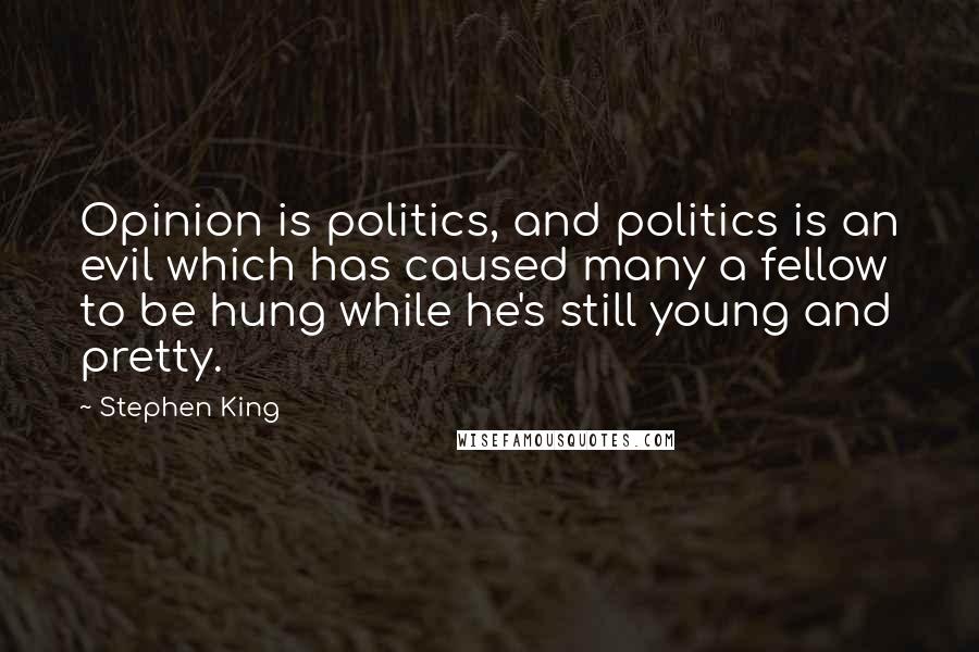 Stephen King Quotes: Opinion is politics, and politics is an evil which has caused many a fellow to be hung while he's still young and pretty.