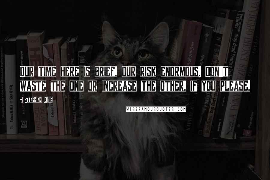 Stephen King Quotes: Our time here is brief, our risk enormous. Don't waste the one or increase the other, if you please.