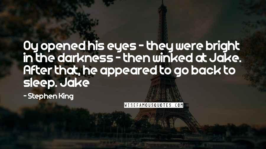 Stephen King Quotes: Oy opened his eyes - they were bright in the darkness - then winked at Jake. After that, he appeared to go back to sleep. Jake