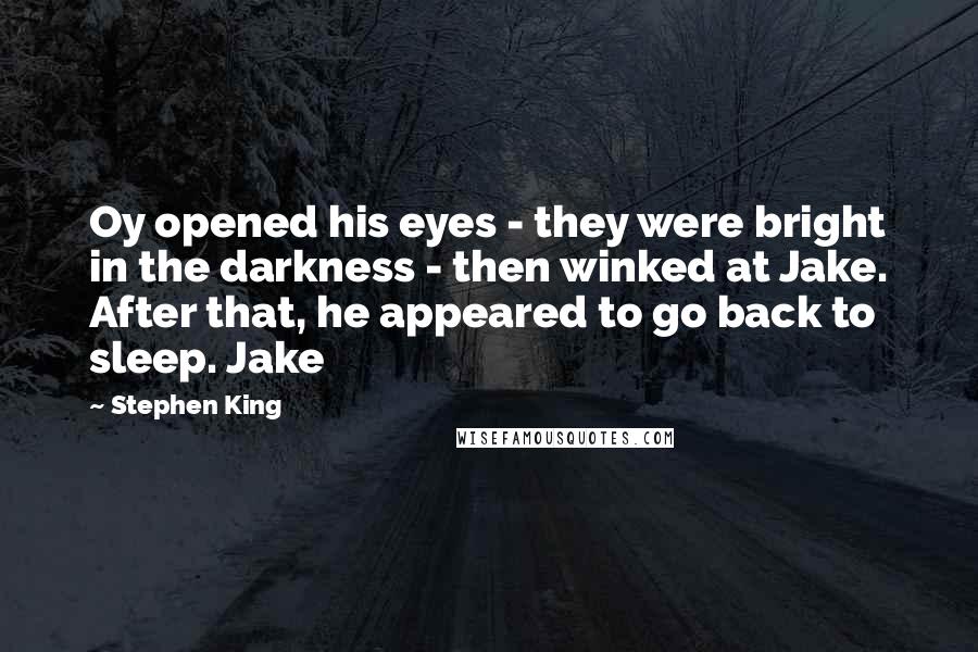Stephen King Quotes: Oy opened his eyes - they were bright in the darkness - then winked at Jake. After that, he appeared to go back to sleep. Jake