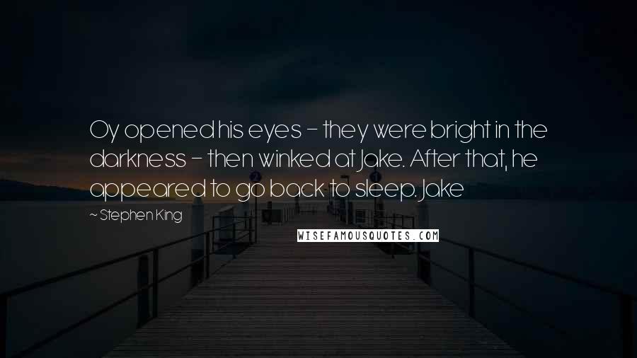 Stephen King Quotes: Oy opened his eyes - they were bright in the darkness - then winked at Jake. After that, he appeared to go back to sleep. Jake