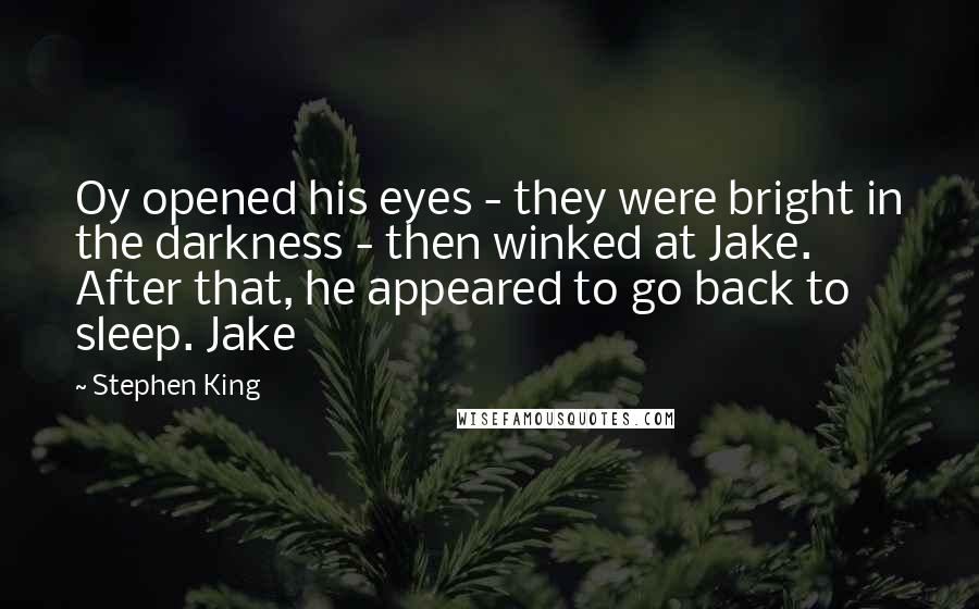 Stephen King Quotes: Oy opened his eyes - they were bright in the darkness - then winked at Jake. After that, he appeared to go back to sleep. Jake