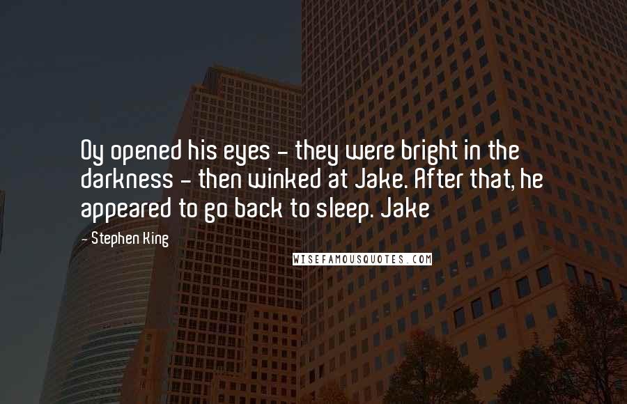 Stephen King Quotes: Oy opened his eyes - they were bright in the darkness - then winked at Jake. After that, he appeared to go back to sleep. Jake