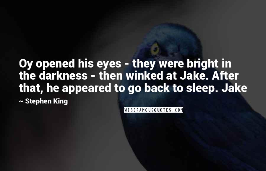 Stephen King Quotes: Oy opened his eyes - they were bright in the darkness - then winked at Jake. After that, he appeared to go back to sleep. Jake