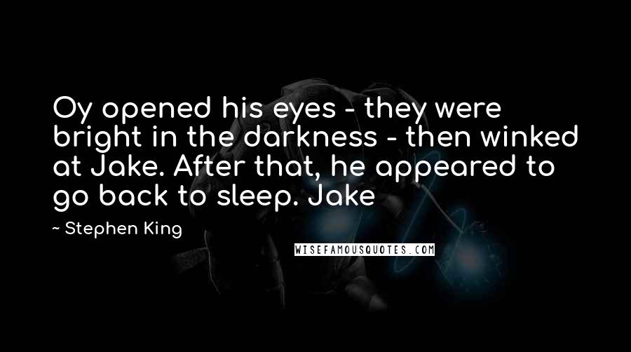Stephen King Quotes: Oy opened his eyes - they were bright in the darkness - then winked at Jake. After that, he appeared to go back to sleep. Jake