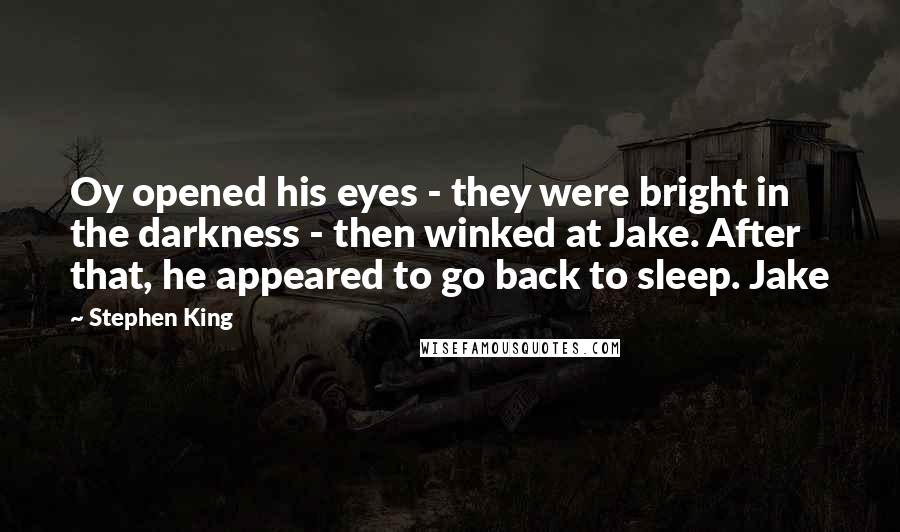 Stephen King Quotes: Oy opened his eyes - they were bright in the darkness - then winked at Jake. After that, he appeared to go back to sleep. Jake