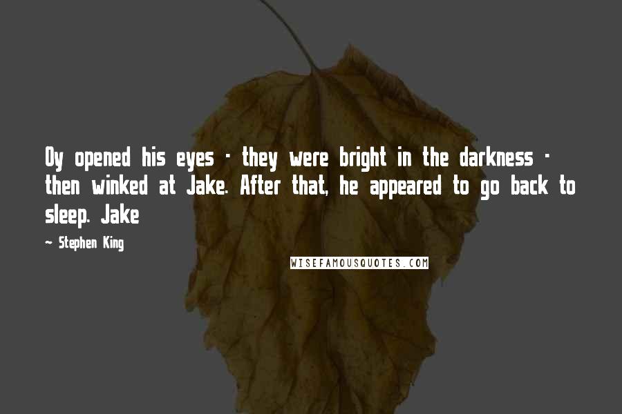 Stephen King Quotes: Oy opened his eyes - they were bright in the darkness - then winked at Jake. After that, he appeared to go back to sleep. Jake