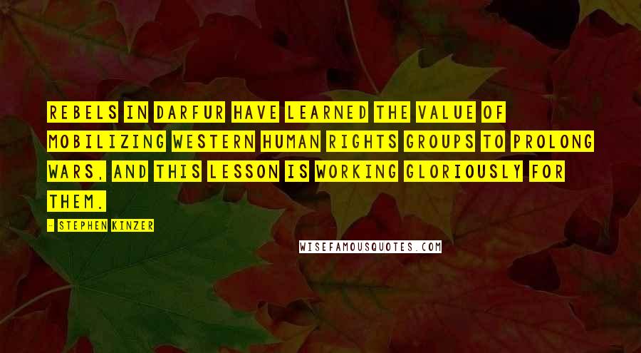 Stephen Kinzer Quotes: Rebels in Darfur have learned the value of mobilizing western human rights groups to prolong wars, and this lesson is working gloriously for them.