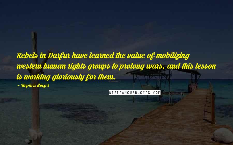 Stephen Kinzer Quotes: Rebels in Darfur have learned the value of mobilizing western human rights groups to prolong wars, and this lesson is working gloriously for them.