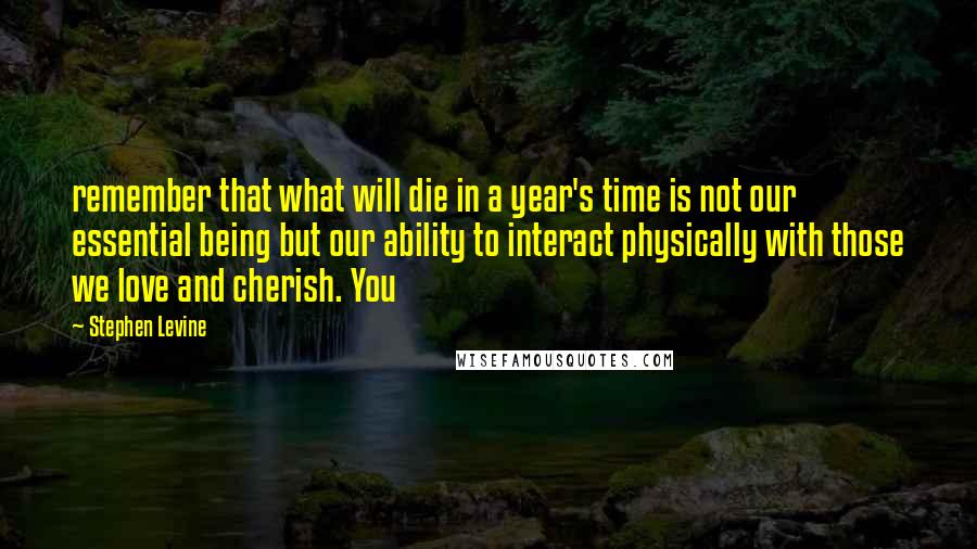 Stephen Levine Quotes: remember that what will die in a year's time is not our essential being but our ability to interact physically with those we love and cherish. You