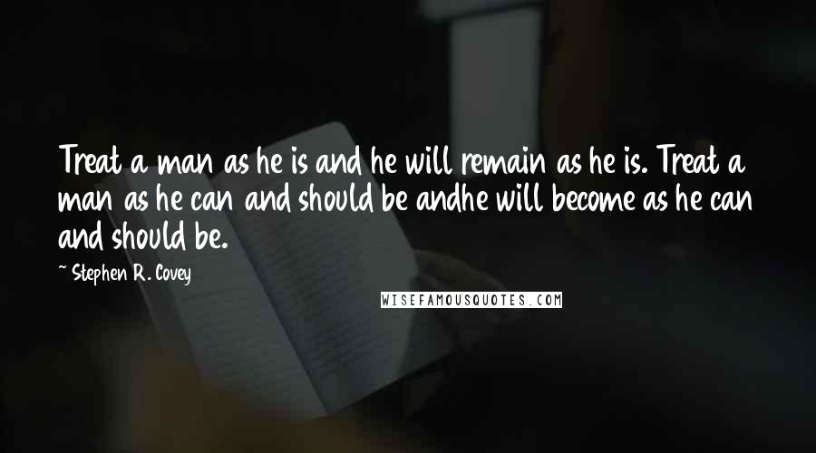 Stephen R. Covey Quotes: Treat a man as he is and he will remain as he is. Treat a man as he can and should be andhe will become as he can and should be.