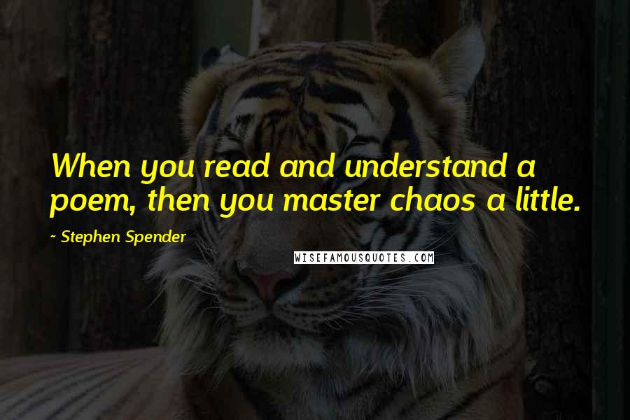 Stephen Spender Quotes: When you read and understand a poem, then you master chaos a little.