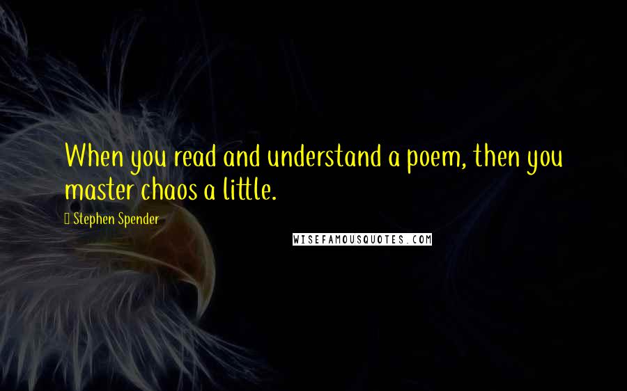 Stephen Spender Quotes: When you read and understand a poem, then you master chaos a little.