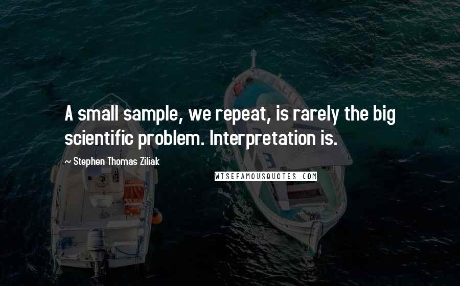 Stephen Thomas Ziliak Quotes: A small sample, we repeat, is rarely the big scientific problem. Interpretation is.