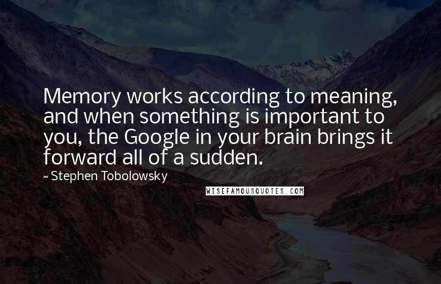 Stephen Tobolowsky Quotes: Memory works according to meaning, and when something is important to you, the Google in your brain brings it forward all of a sudden.