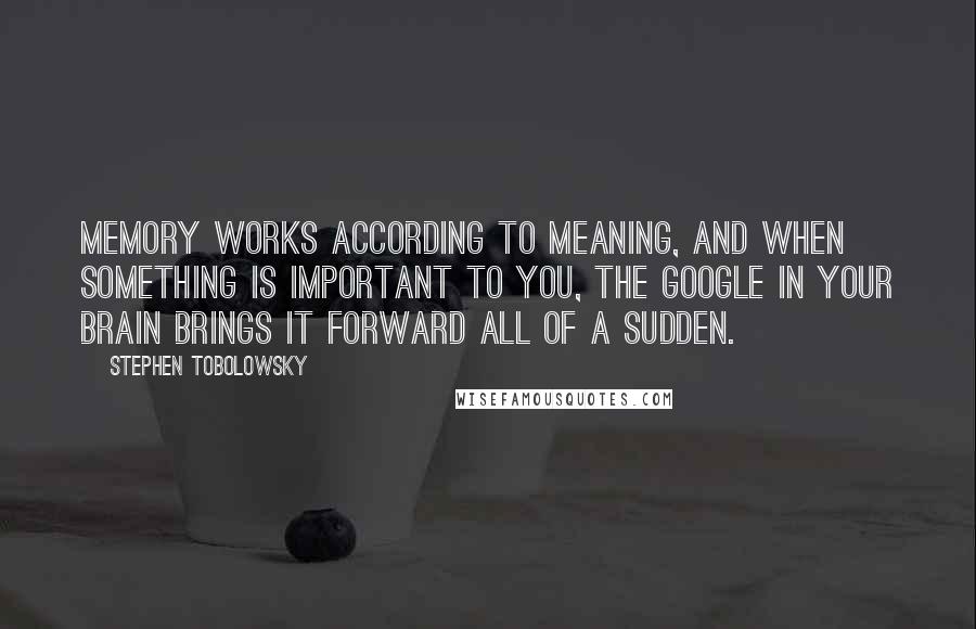 Stephen Tobolowsky Quotes: Memory works according to meaning, and when something is important to you, the Google in your brain brings it forward all of a sudden.