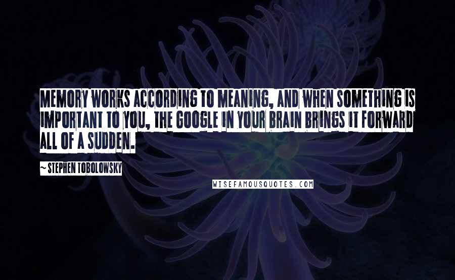 Stephen Tobolowsky Quotes: Memory works according to meaning, and when something is important to you, the Google in your brain brings it forward all of a sudden.