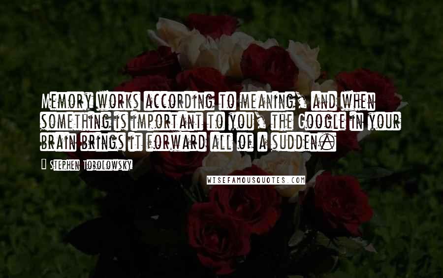 Stephen Tobolowsky Quotes: Memory works according to meaning, and when something is important to you, the Google in your brain brings it forward all of a sudden.