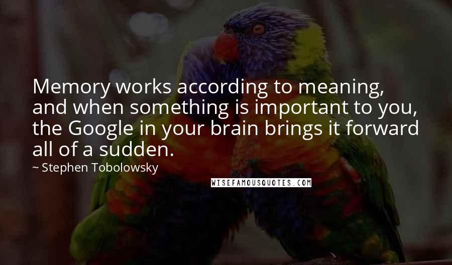 Stephen Tobolowsky Quotes: Memory works according to meaning, and when something is important to you, the Google in your brain brings it forward all of a sudden.