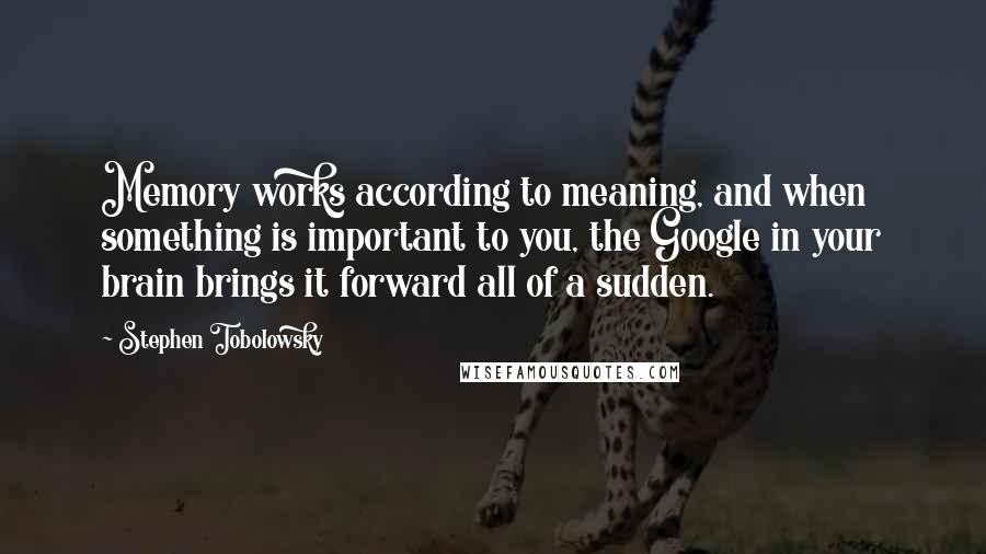 Stephen Tobolowsky Quotes: Memory works according to meaning, and when something is important to you, the Google in your brain brings it forward all of a sudden.