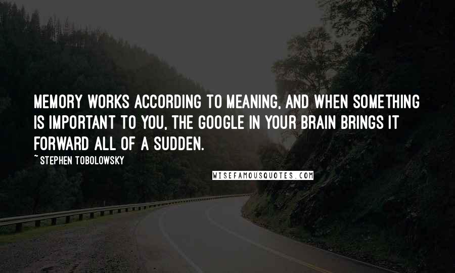 Stephen Tobolowsky Quotes: Memory works according to meaning, and when something is important to you, the Google in your brain brings it forward all of a sudden.