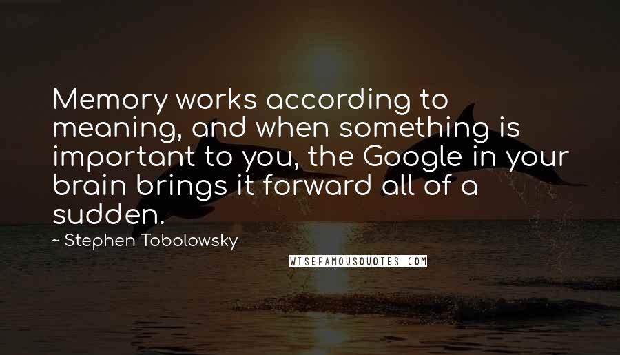 Stephen Tobolowsky Quotes: Memory works according to meaning, and when something is important to you, the Google in your brain brings it forward all of a sudden.