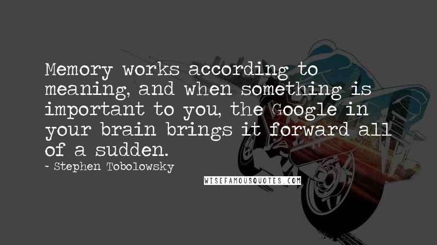 Stephen Tobolowsky Quotes: Memory works according to meaning, and when something is important to you, the Google in your brain brings it forward all of a sudden.