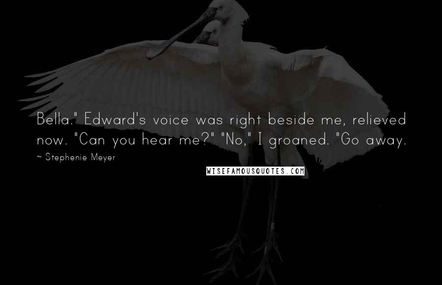 Stephenie Meyer Quotes: Bella." Edward's voice was right beside me, relieved now. "Can you hear me?" "No," I groaned. "Go away.