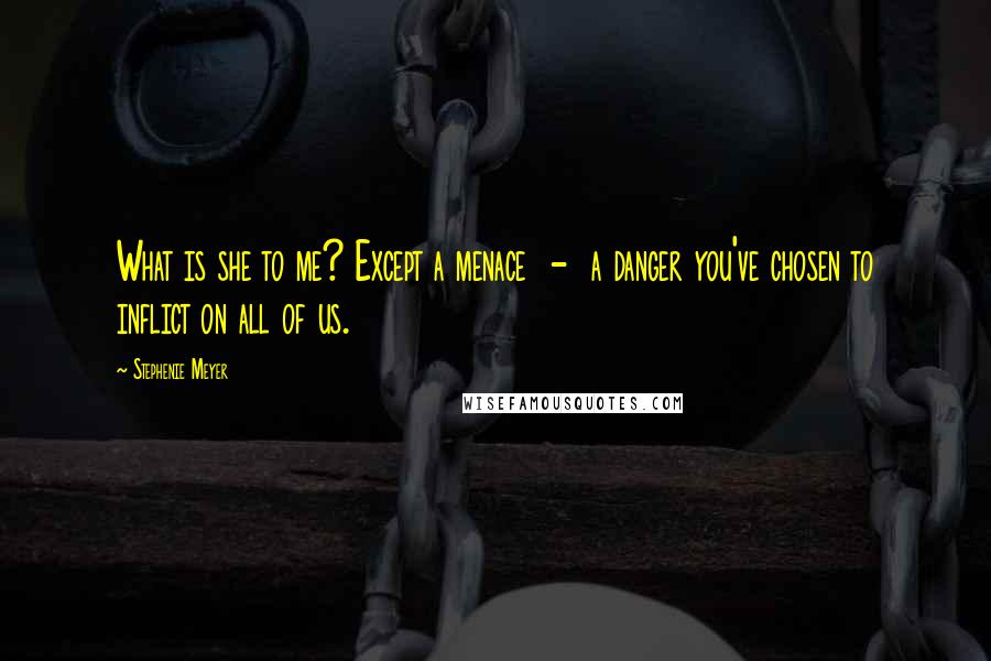 Stephenie Meyer Quotes: What is she to me? Except a menace  -  a danger you've chosen to inflict on all of us.