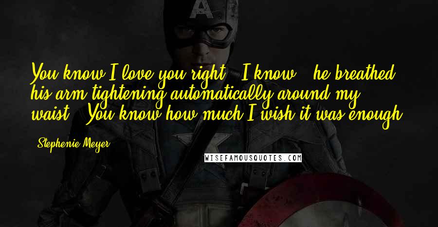 Stephenie Meyer Quotes: You know I love you right?""I know," he breathed, his arm tightening automatically around my waist. "You know how much I wish it was enough.