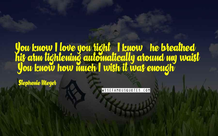 Stephenie Meyer Quotes: You know I love you right?""I know," he breathed, his arm tightening automatically around my waist. "You know how much I wish it was enough.