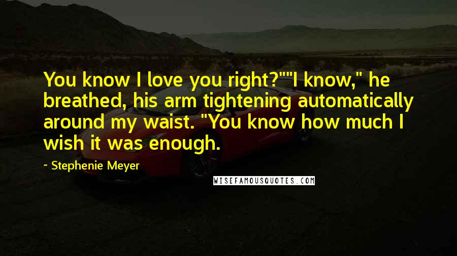Stephenie Meyer Quotes: You know I love you right?""I know," he breathed, his arm tightening automatically around my waist. "You know how much I wish it was enough.
