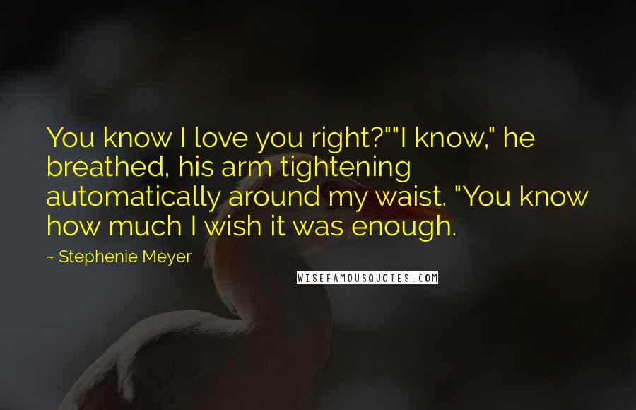 Stephenie Meyer Quotes: You know I love you right?""I know," he breathed, his arm tightening automatically around my waist. "You know how much I wish it was enough.