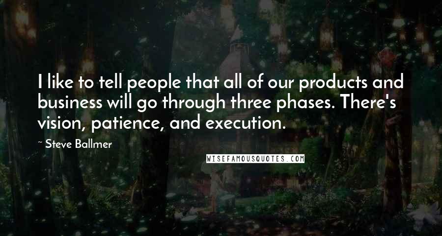 Steve Ballmer Quotes: I like to tell people that all of our products and business will go through three phases. There's vision, patience, and execution.