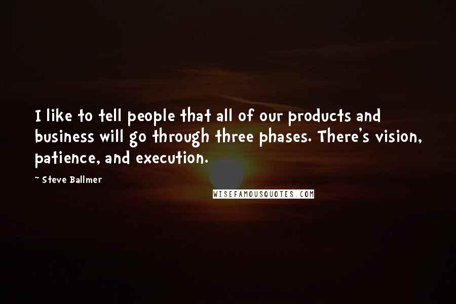 Steve Ballmer Quotes: I like to tell people that all of our products and business will go through three phases. There's vision, patience, and execution.