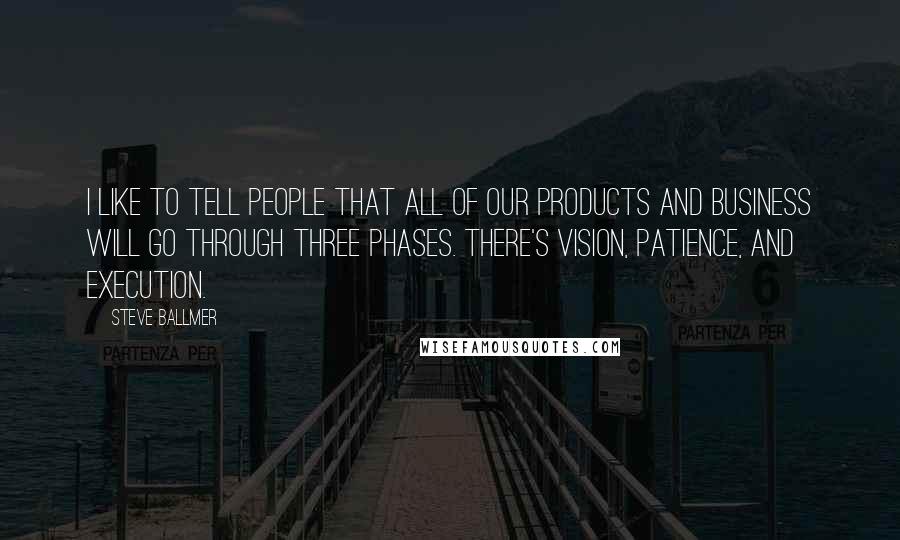 Steve Ballmer Quotes: I like to tell people that all of our products and business will go through three phases. There's vision, patience, and execution.