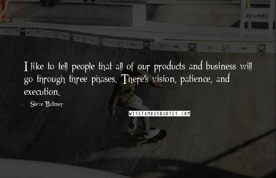 Steve Ballmer Quotes: I like to tell people that all of our products and business will go through three phases. There's vision, patience, and execution.