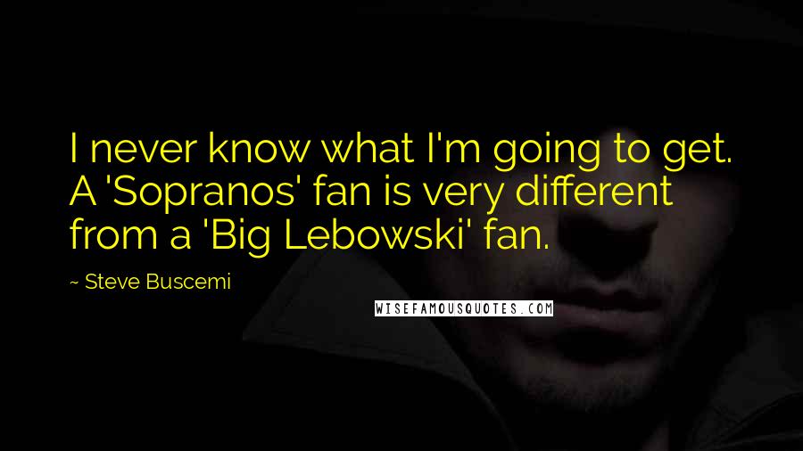 Steve Buscemi Quotes: I never know what I'm going to get. A 'Sopranos' fan is very different from a 'Big Lebowski' fan.