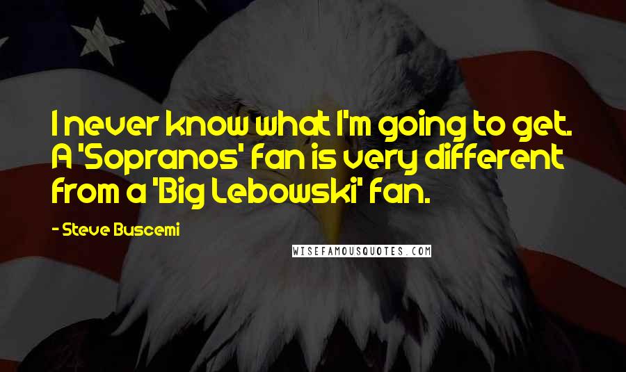 Steve Buscemi Quotes: I never know what I'm going to get. A 'Sopranos' fan is very different from a 'Big Lebowski' fan.