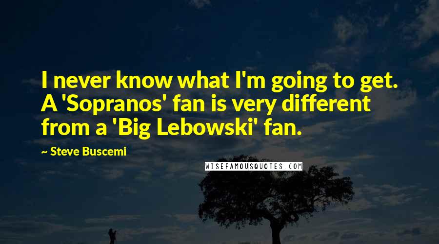 Steve Buscemi Quotes: I never know what I'm going to get. A 'Sopranos' fan is very different from a 'Big Lebowski' fan.