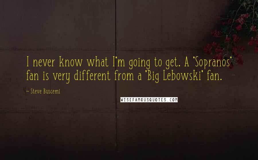 Steve Buscemi Quotes: I never know what I'm going to get. A 'Sopranos' fan is very different from a 'Big Lebowski' fan.