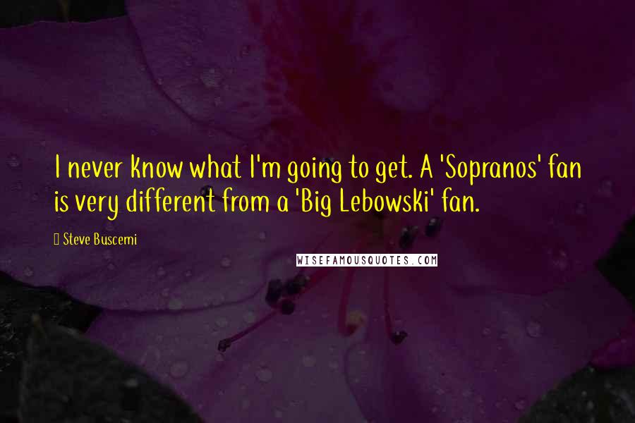 Steve Buscemi Quotes: I never know what I'm going to get. A 'Sopranos' fan is very different from a 'Big Lebowski' fan.