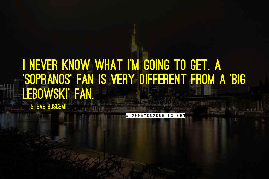 Steve Buscemi Quotes: I never know what I'm going to get. A 'Sopranos' fan is very different from a 'Big Lebowski' fan.