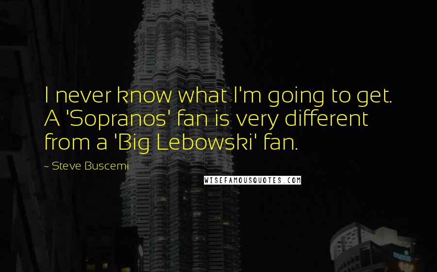 Steve Buscemi Quotes: I never know what I'm going to get. A 'Sopranos' fan is very different from a 'Big Lebowski' fan.