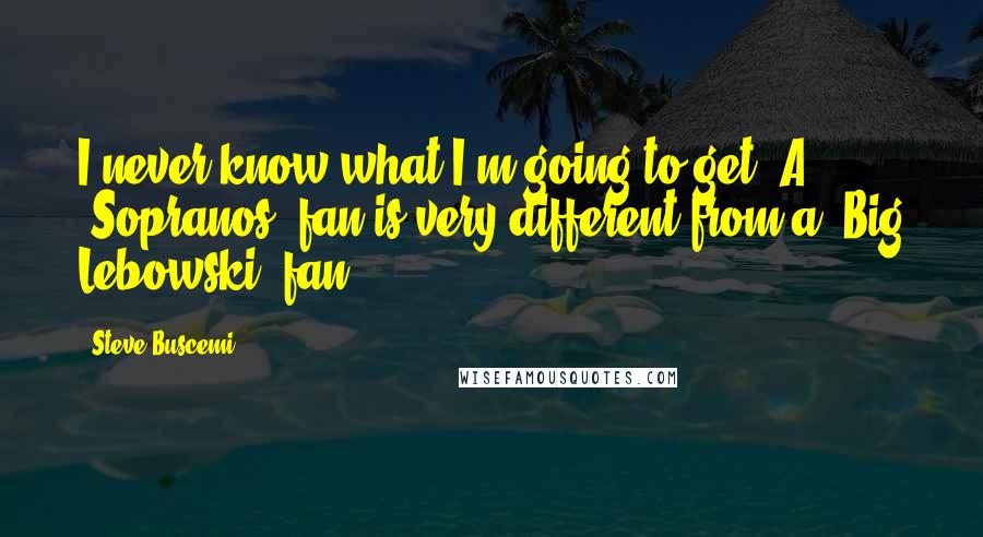 Steve Buscemi Quotes: I never know what I'm going to get. A 'Sopranos' fan is very different from a 'Big Lebowski' fan.