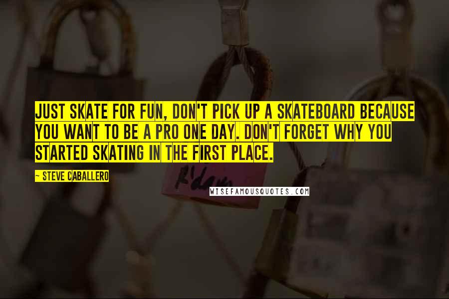 Steve Caballero Quotes: Just skate for fun, don't pick up a skateboard because you want to be a pro one day. Don't forget why you started skating in the first place.